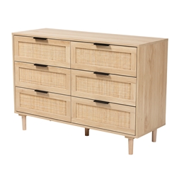 Baxton Studio Harrison Mid-Century Modern Natural Brown Finished Wood and Natural Rattan 6-Drawer Storage Cabinet